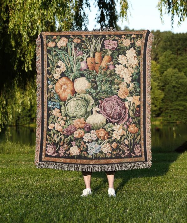 Vegetable Garden Tapestry Blanket A Woven Throw With Rustic Garden Vegetables And Floral Border